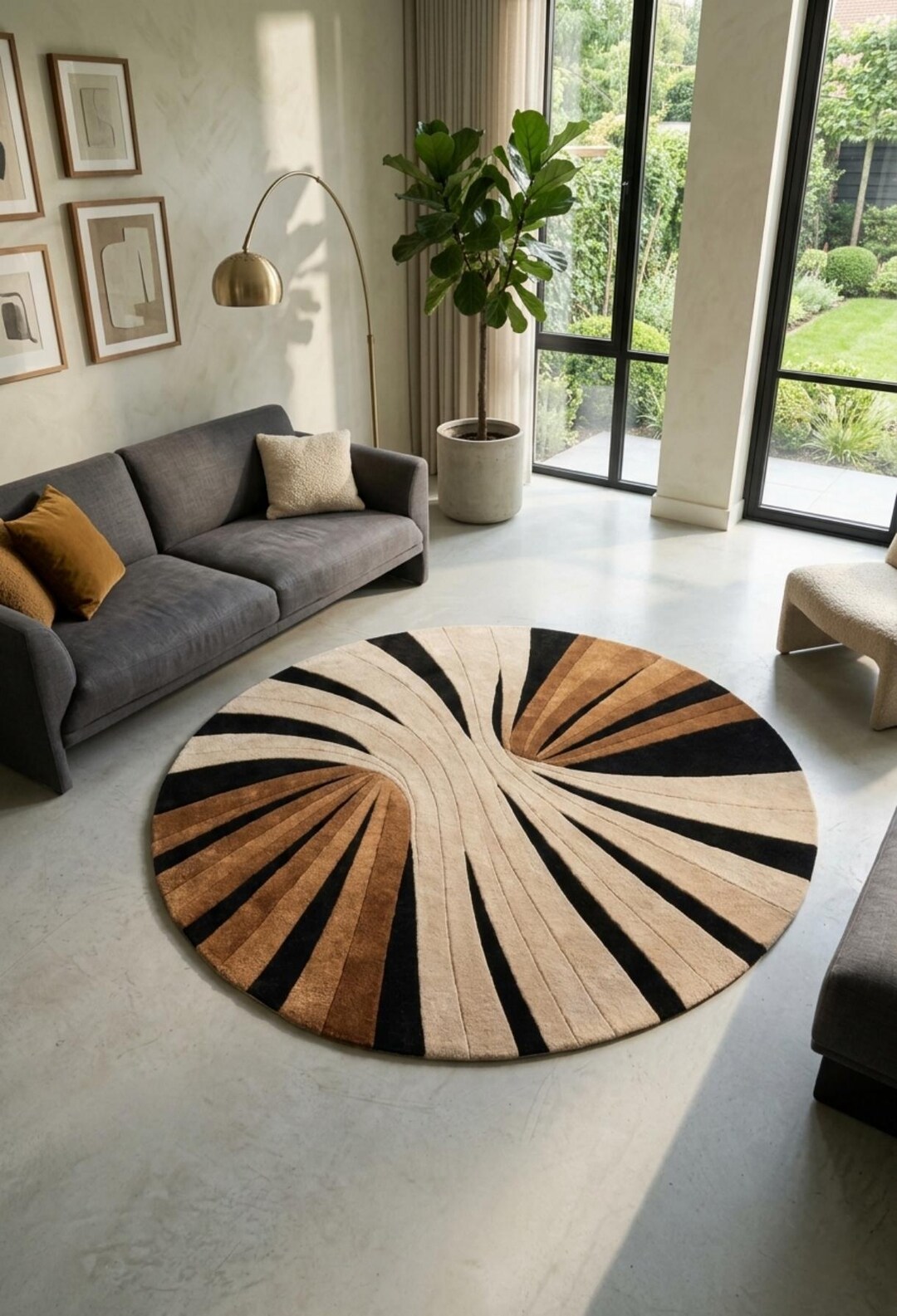 Eclectic Round Wool Rugs Modern Round Rug Hand Tufted Wool Rug Abstract Swirl Rug Neutral Black ...