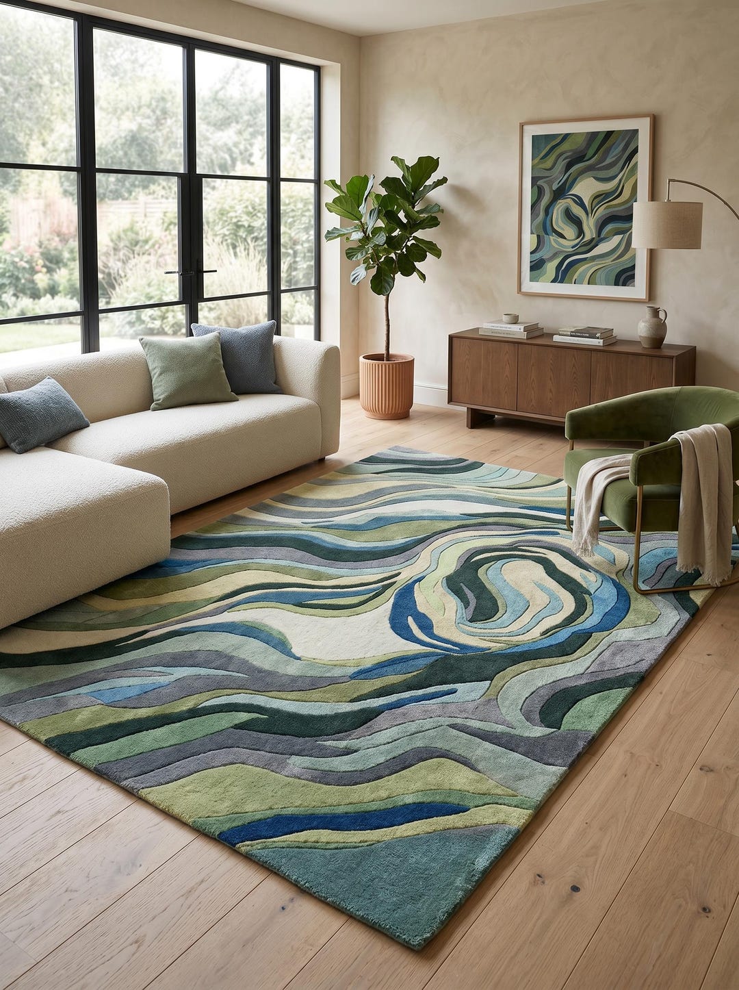 Hand Tufted Wool Rug, Abstract Green Blue Area Rug, Modern Organic Wave ...