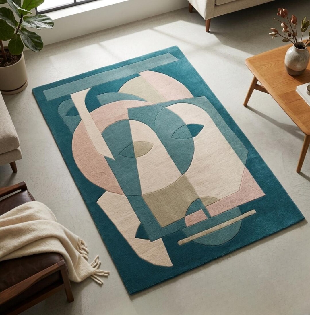 Hand Tufted Abstract Face Rug, Modern Geometric Area Rug, Contemporary ...