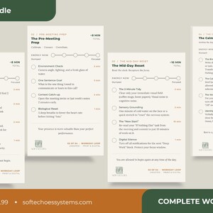 May include: ADHD Routine Bundle digital download. The image shows four cards with checklists for different times of the workday. The cards are white with green and brown accents. The text includes "The Cold Start" and "Complete Workday System."