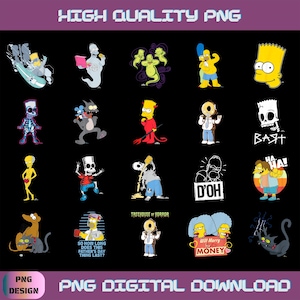 Könnte beinhalten: Eine Sammlung von PNG-Digitaldownloads von Zeichentrickfiguren auf schwarzem Hintergrund. Zu den Charakteren gehören Bart Simpson, Homer Simpson und andere Charaktere aus der Show. Der Text enthält "HIGH QUALITY PNG", "PNG DESIGN" und "PNG DIGITAL DOWNLOAD".