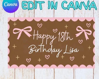 Coquette Birthday Banner Template | Hand Painted Bows, Pink Party Sign (Digital Download)