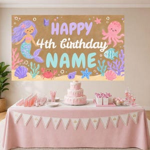 May include: A pink table set for a birthday party, with a banner featuring a mermaid and the text "Happy 4th birthday NAME". A three-tiered cake, cupcakes, and drinks are arranged on the table. Balloons and a framed sign are in the background.
