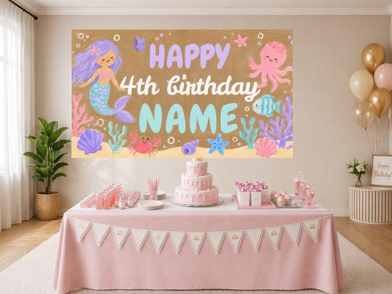 May include: A pink table set for a birthday party, with a banner featuring a mermaid and the text "Happy 4th birthday NAME". A three-tiered cake, cupcakes, and drinks are arranged on the table. Balloons and a framed sign are in the background.