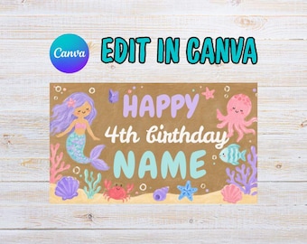 Plantilla de pancarta de cumpleaños de La Sirenita / Pancarta de cumpleaños número 4 / Letrero de fiesta de sirena pintado a mano / Pancarta editable en Canva / Descarga digital