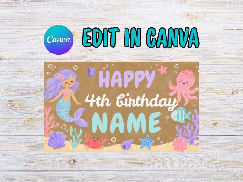 May include: A rectangular birthday banner featuring a mermaid, octopus, crab, and fish on a sandy background. The text reads HAPPY 4th birthday NAME in purple, white, and light blue. The design includes colorful coral, seashells, and starfish.