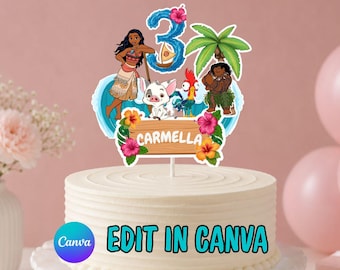 Decorazione per torta personalizzata ispirata a Moana, decorazione per torta, decorazione stampabile per torta di compleanno a tema oceano, decorazione per festa tropicale Luau, decorazione per torta fai da te
