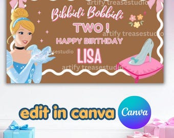 Editable Princess Birthday Banner, Bibbidi Bobbidi Two Party Decor (60x35)