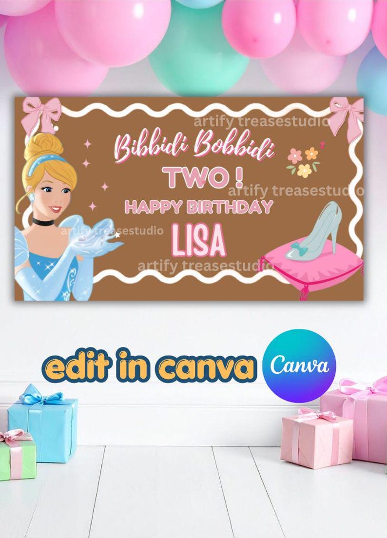Editable Princess Birthday Banner, Bibbidi Bobbidi Two Party Decor ...