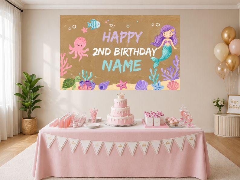 Puede incluir: Un tel&oacute;n de fondo rectangular con fondo color canela, ilustrado con una sirena, un pulpo, una tortuga y vida marina. El texto HAPPY 2ND BIRTHDAY NAME aparece en morado, blanco y azul claro, junto con corales y conchas marinas.