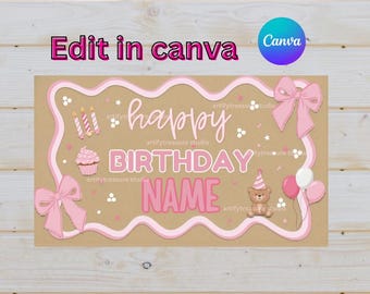 Coquette Birthday Banner Template | Hand Painted Bows, Pink Party Sign (Digital Download)