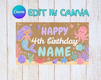 Little Mermaid Birthday Banner | Editable Canva Template (Digital Download)