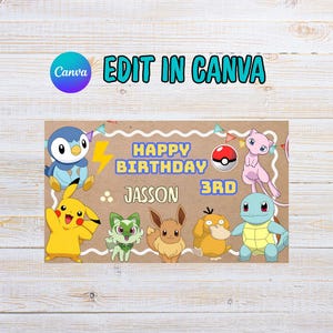 May include: A rectangular birthday banner featuring a brown background with a white scalloped border. It displays the text HAPPY BIRTHDAY, 3RD, and JASSON, alongside illustrations of Pikachu, Piplup, Mew, Sprigatito, Eevee, Psyduck, and Squirtle.