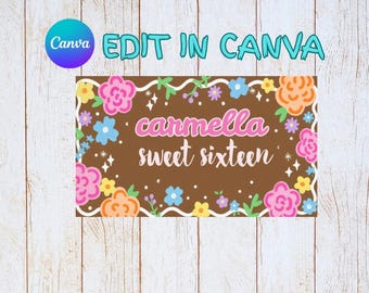 Floral Sweet Sixteen Birthday Banner | sweet 16 birthday banner | DIY Canva Template (Digital Download