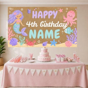 May include: A rectangular birthday banner featuring a tan background with a mermaid, octopus, crab, and various sea creatures. The text reads HAPPY 4th birthday NAME in purple, white, and blue. The banner is displayed above a pink table.