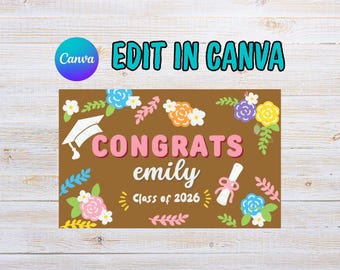 Floral Graduation Banner Canva Template DIY Painted Butcher Paper Editable 60x35 Customizable Mockup