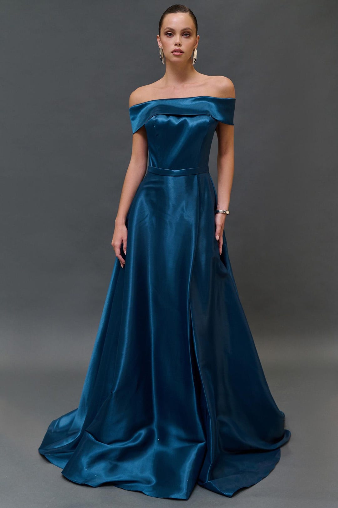 Navy Blue Satin off Shoulder Evening Dress With Slit – Elegant Prom ...