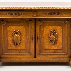 Antique Oak Dresser  Hand Carved Console with Hunting and Fish Figurines  Rustic Side Table  Vintage Solid Wood Buffet