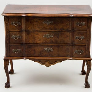 Antique Walnut Veneer Chest of Drawers: Serpentine Side Table, Chippendale Feet