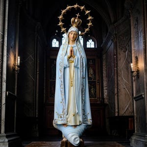 Könnte beinhalten: Statue einer religiösen Figur, bekleidet mit einem hellblauen Umhang mit goldenen Verzierungen, in einer Kirche. Die Figur hat eine goldene Krone und einen Sternenkranz. Die Statue steht auf einem Holztisch vor dunklem Hintergrund.