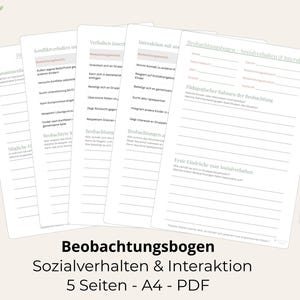 May include: A stack of white paper documents with German text, including "Beobachtungsbogen Sozialverhalten & Interaktion" and "5 Seiten - A4 - PDF." A silver pen rests on the right side. The documents are arranged on a light beige surface, with a sprig of greenery in the upper left corner.