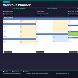 May include: Digital workout planner with a dark blue background. The planner includes sections for weekly workouts, tracking sets and reps, and logging progressive overload. Features include a 7-day layout, exercise library, and instructions.