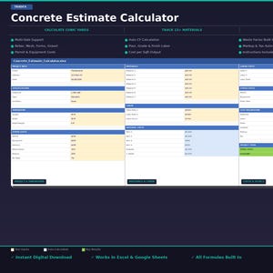 May include: A digital spreadsheet titled "Concrete Estimate Calculator" with a dark blue background. The spreadsheet is organized with blue, yellow, and white sections for inputting data and calculating costs. Text includes "Calculate Cubic Yards" and "Track 15+ Materials."