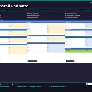 Könnte beinhalten: Eine digitale Tabelle mit dem Titel "Pool Install Estimate" mit einem dunkelblauen Hintergrund. Die Tabelle ist in Abschnitte zur Berechnung der Poolkosten, zur Verfolgung der Hülle bis zum Deck und zur Anzeige der gesamten Installationskosten unterteilt. Der Text "Sofortiger digitaler Download" ist sichtbar.