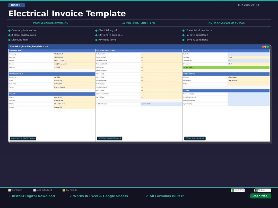 Electrical Invoice Template Excel | Electrician Billing Receipt ...