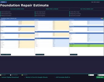 Foundation Repair Estimate Template Excel | Foundation Cost Calculator Spreadsheet | Contractor Bid | Google Sheets