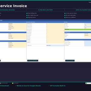 Op de afbeelding: Een digitale boomservicefactuursjabloon met een donkerblauwe achtergrond. De factuur bevat secties voor bedrijfsinformatie, klantgegevens, services en totalen. De sjabloon is ontworpen voor professionele facturering.
