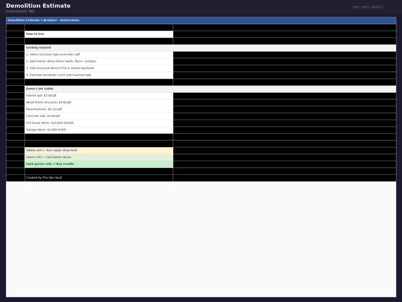 Demolition Estimate Template Excel | Demo Cost Calculator Spreadsheet ...