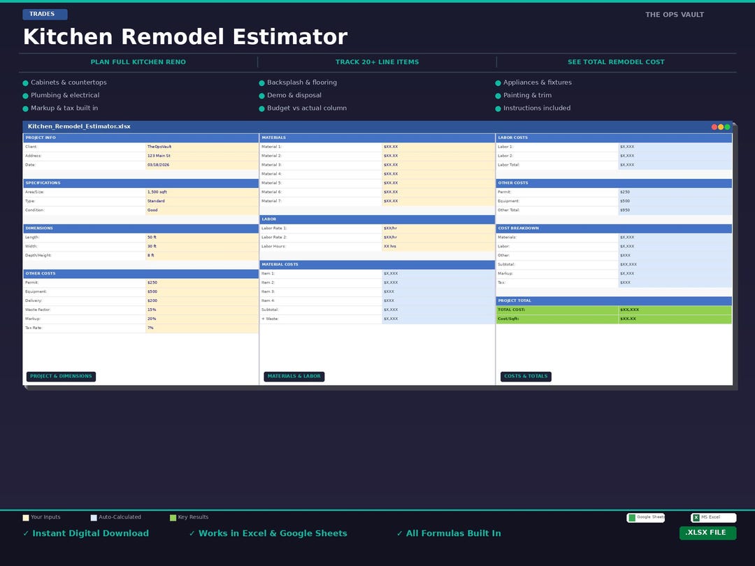 Kitchen Remodel Template Excel | Kitchen Renovation Cost Tracker ...