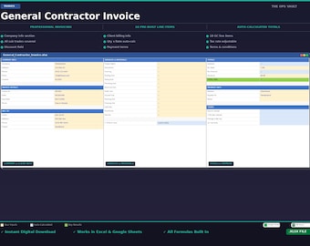 General Contractor Invoice Template Excel | GC Billing Receipt Spreadsheet | Construction Invoice | Google Sheets