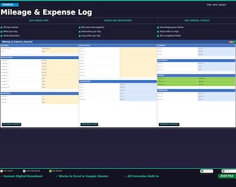 Mileage Log Template Excel | IRS Miles Tracker Spreadsheet | Business Expense Log | Google Sheets
