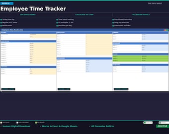 Employee Time Tracker Template Excel | Timesheet Calculator Spreadsheet | Hours Overtime Pay | Google Sheets