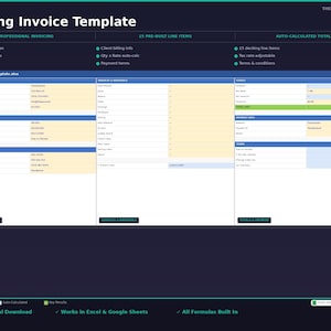 May include: A digital decking invoice template with a dark blue background. The template includes sections for company and client information, services, materials, and auto-calculated totals. The text "Decking Invoice Template" is at the top.