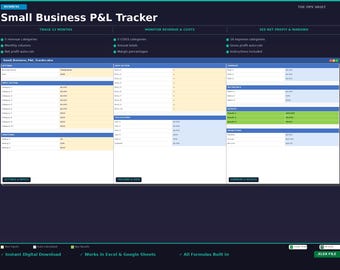Small Business Profit Loss Tracker | Monthly P&L Spreadsheet Excel Template