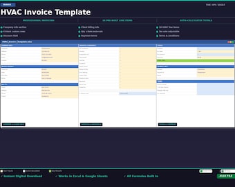 HVAC Invoice Template Excel | Heating Cooling Billing Receipt Spreadsheet | Contractor Invoice | Google Sheets