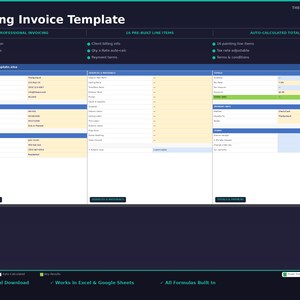 Può includere: Un modello digitale di fattura di pittura con sfondo blu scuro. Il modello include sezioni per le informazioni aziendali, la fatturazione del cliente, i servizi, i materiali e i totali calcolati automaticamente. Il testo "Painting Invoice Template" è in alto.