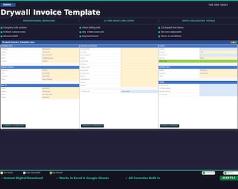 Drywall Invoice Template | Drywall Contractor Billing Receipt Excel Spreadsheet