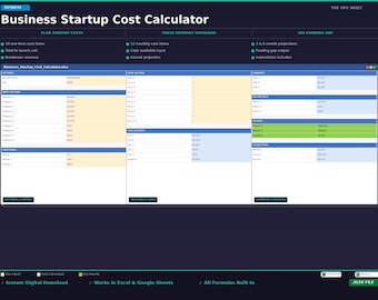 Startup Cost Calculator Template Excel | Business Launch Budget Spreadsheet | Expense Planner | Google Sheets