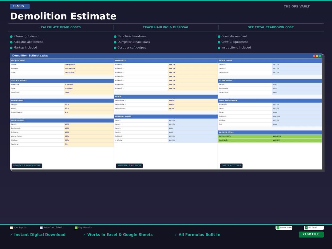 Demolition Estimate Template Excel | Demo Cost Calculator Spreadsheet ...