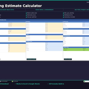 Può includere: Un calcolatore digitale di stima della saldatura con sfondo blu scuro. Il foglio di calcolo include sezioni per il calcolo dei costi di saldatura, il monitoraggio di metalli e materiali di consumo e la visualizzazione del costo totale del progetto. Il testo "Welding Estimate Calculator" è in alto.