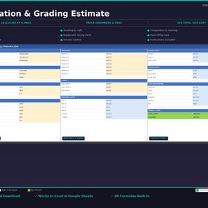 Op de afbeelding: Een digitale Excavation & Grading Estimate spreadsheet met een donkerblauwe achtergrond. De spreadsheet bevat secties voor het berekenen van CY & oppervlakte, het volgen van apparatuur & transport en het bekijken van de totale sitekosten. De onderkant van de afbeelding zegt "Instant Digital Download".