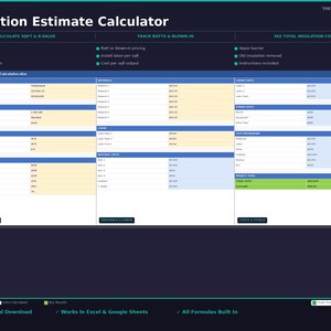 Plantilla de Excel para estimación de aislamiento / Hoja de cálculo para calcular el costo del aislamiento / Presupuesto de contratista basado en el valor R / Hojas de cálculo de Google