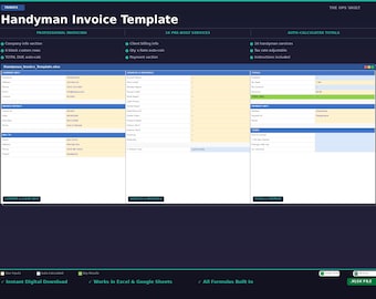 Handyman Invoice Template Excel | Contract Billing Receipt Spreadsheet | Service Invoice | Google Sheets