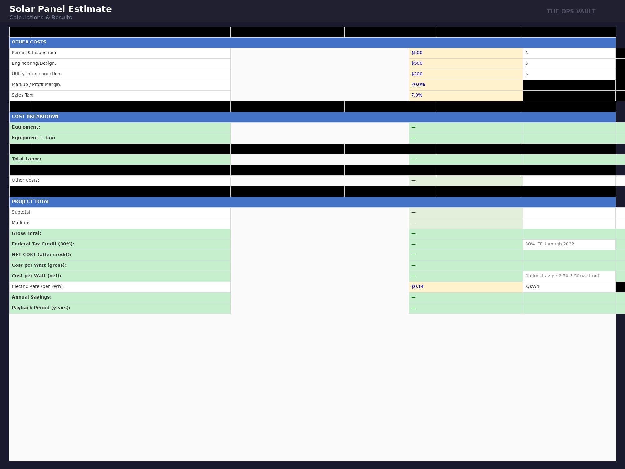 Installation Spreadsheet Solar Panel Install Estimate | Solar Contractor Bid Template Excel ...