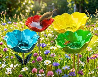 Ceramic Flower Bird Bath – Garden Art Decor, Bee Watering Station, Bird Feeder Bowl