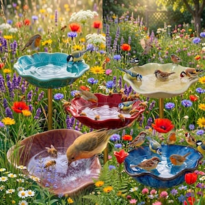 Baño de cerámica con forma de flor para pájaros – Decoración de jardín, bebedero para abejas, comedero para pájaros